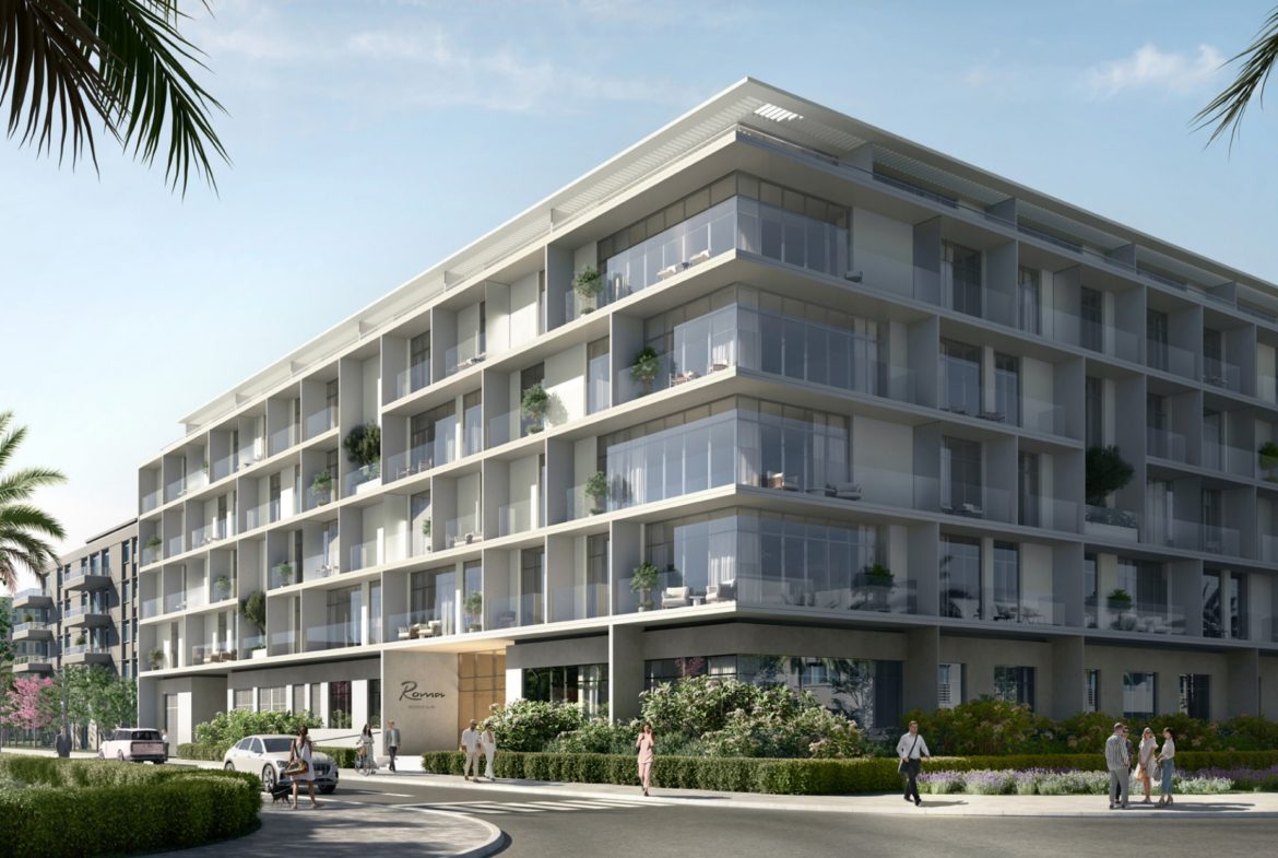 Exterior view of Roma Residences in Jumeirah Village Circle, Dubai, showcasing modern architecture with spacious balconies and lush landscaping.