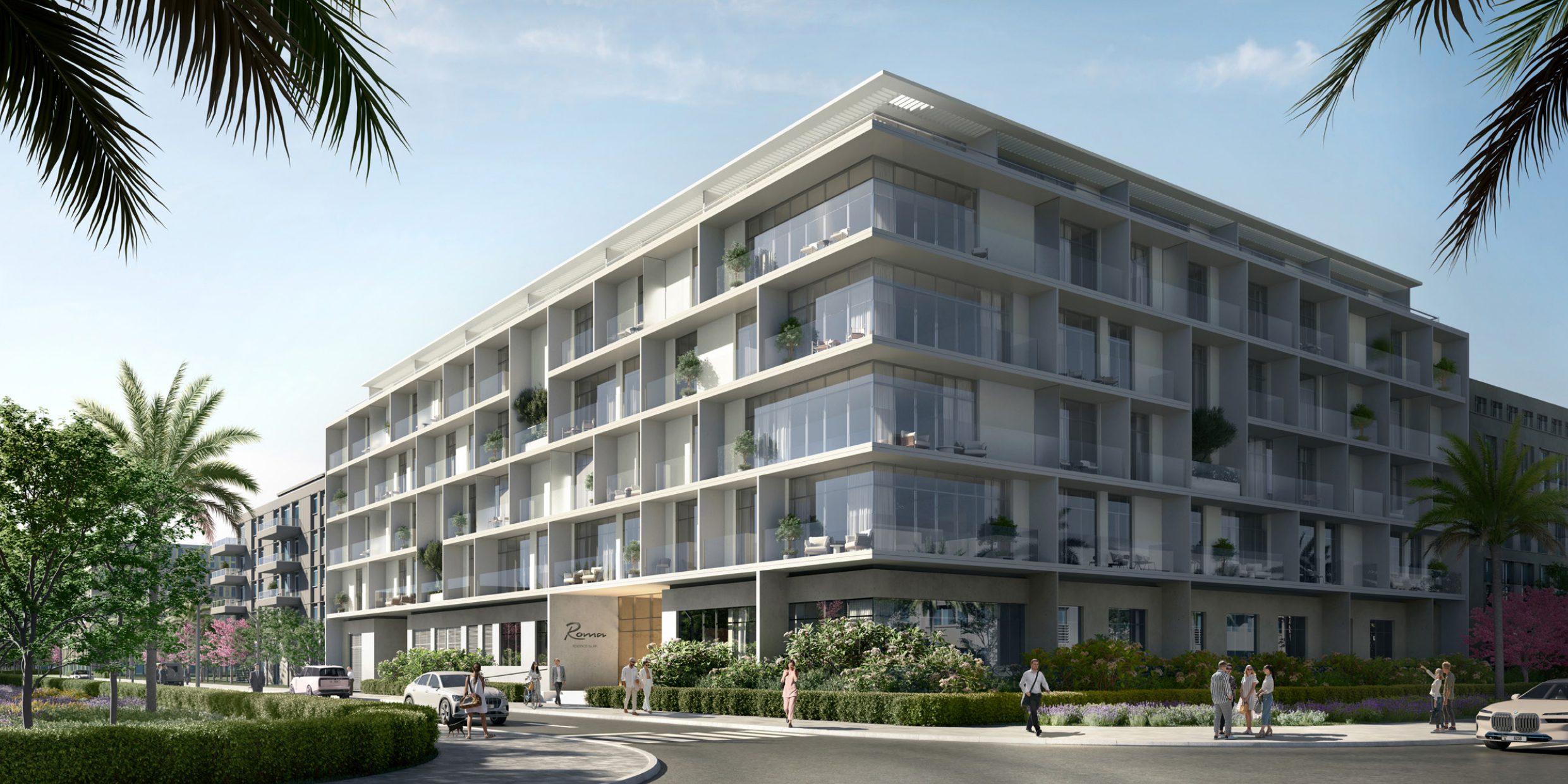 Exterior view of Roma Residences in Jumeirah Village Circle, Dubai, showcasing modern architecture with spacious balconies and lush landscaping.