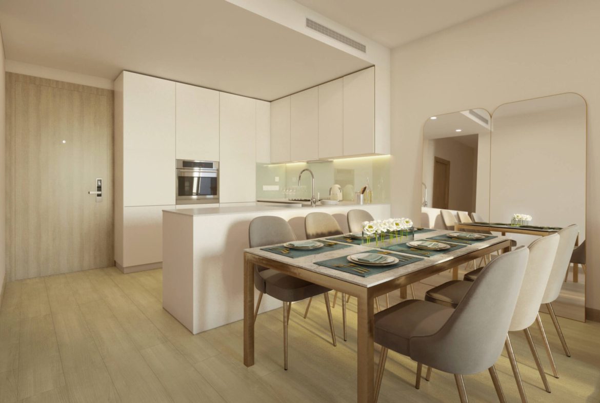 Modern kitchen design in Luma22 with high-end appliances, sleek cabinetry, and an inviting dining area.