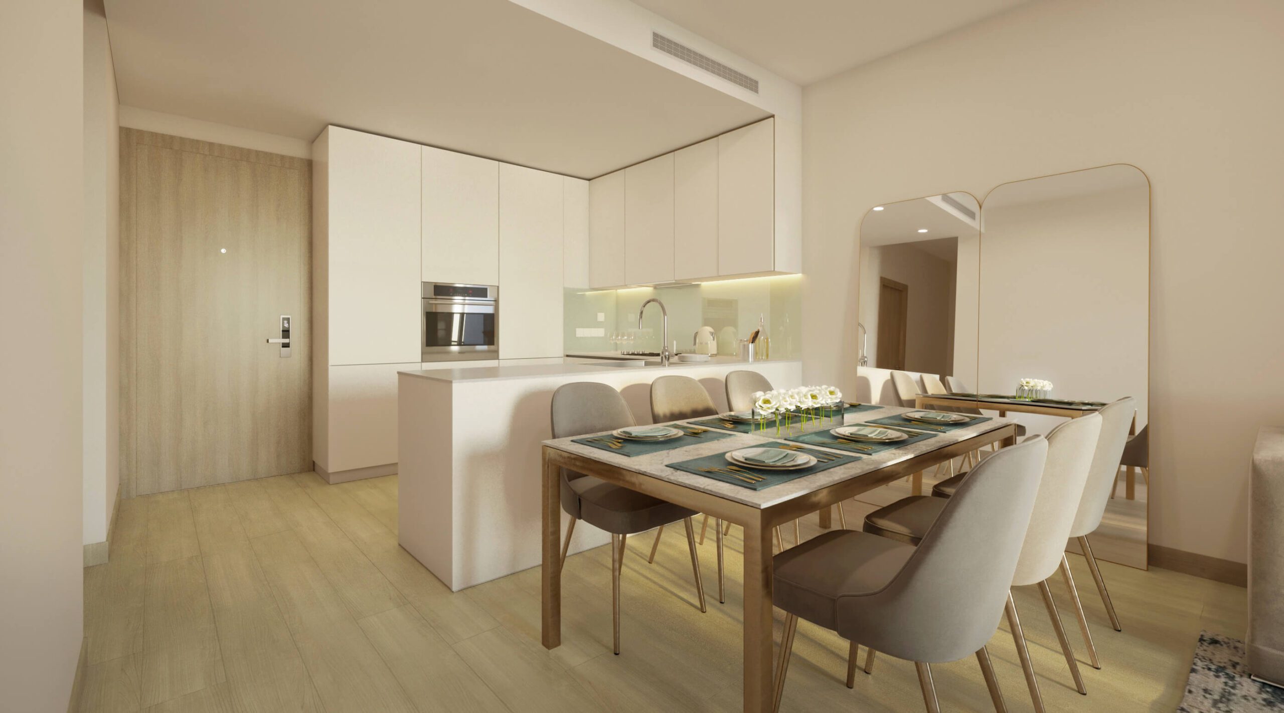 Modern kitchen design in Luma22 with high-end appliances, sleek cabinetry, and an inviting dining area.