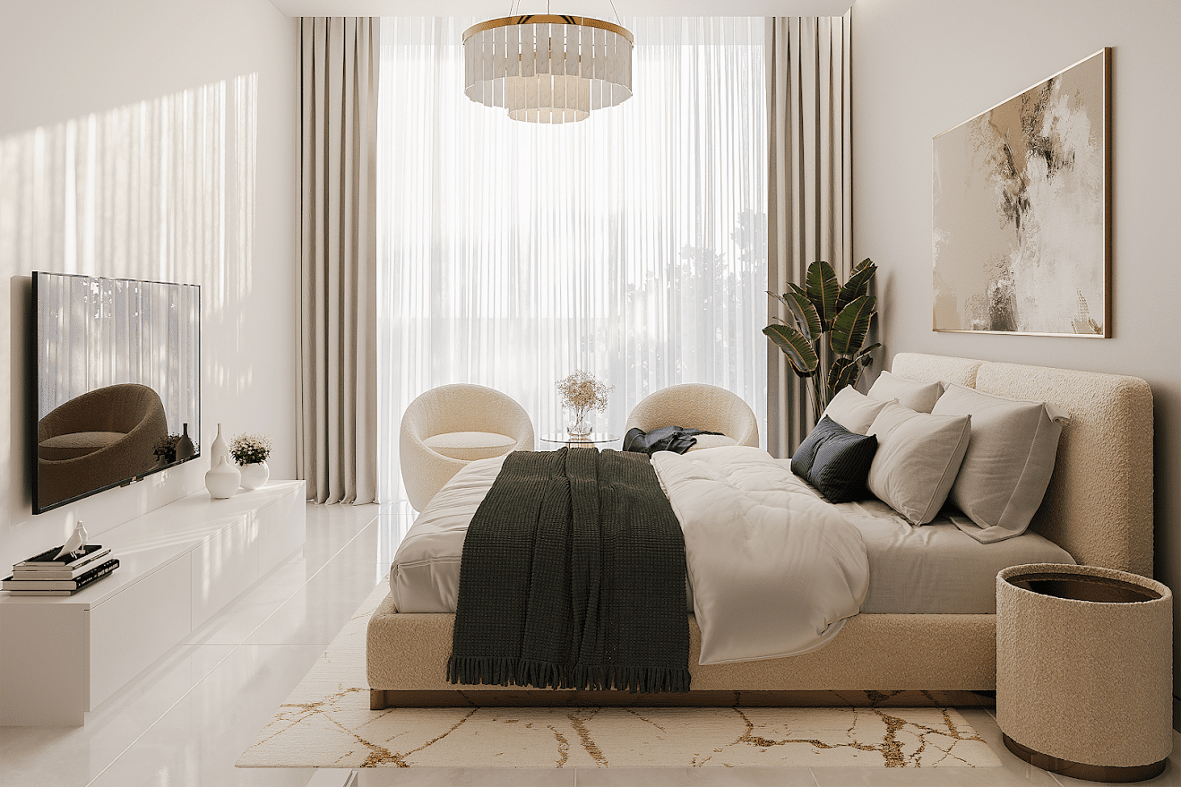 A cozy bedroom with a large window, modern furniture, and neutral color palette in Jade Tower