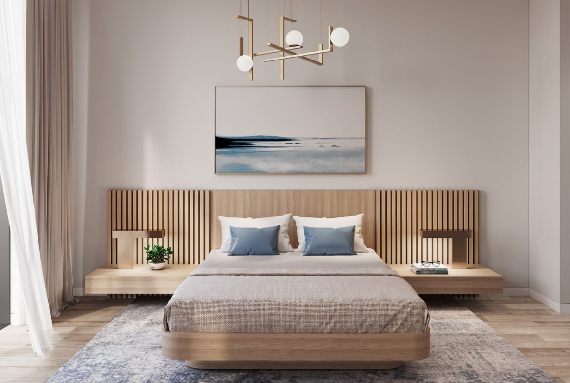 A cozy bedroom in Roma Residences featuring wooden accents, a modern bed with stylish linens, and a minimalist decor with a city view.