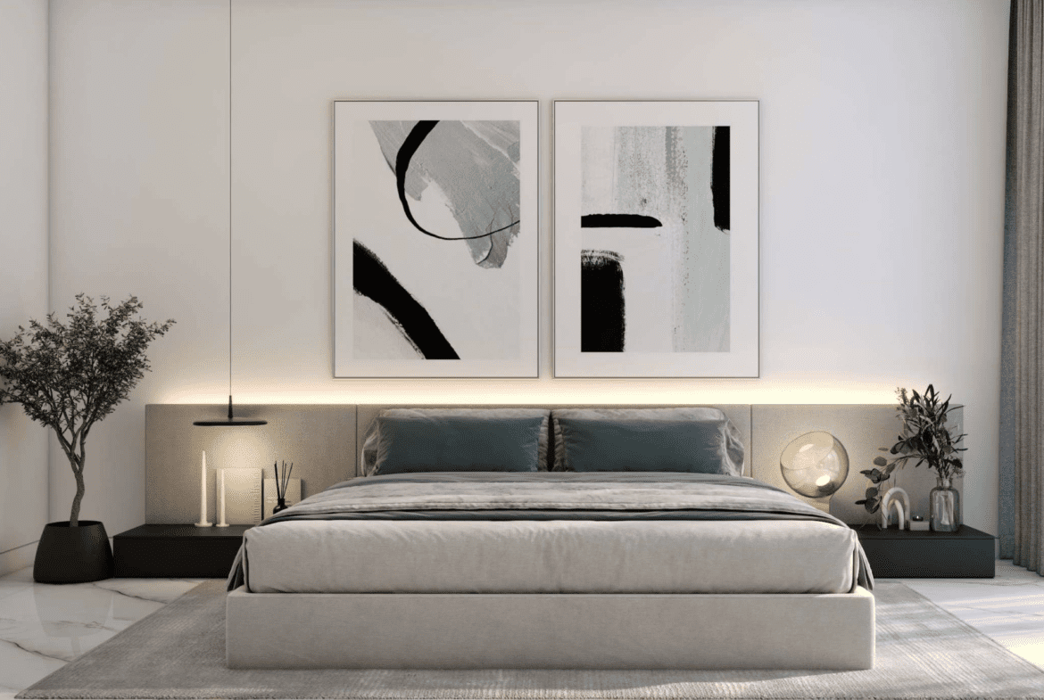 Stylish bedroom interior with modern artwork and soft lighting in Cubix Residences apartments, Jumeirah Village Circle.