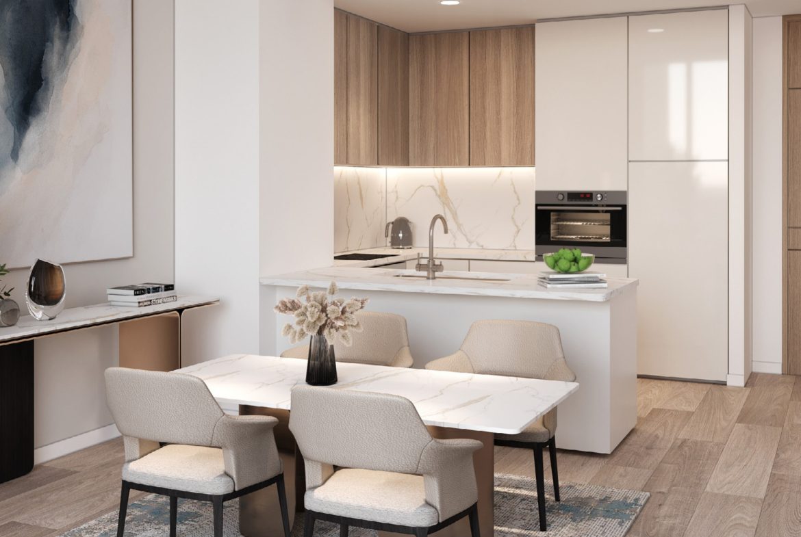 A modern open kitchen and dining area in Roma Residences, equipped with high-quality appliances, sleek marble countertops, and wooden cabinets