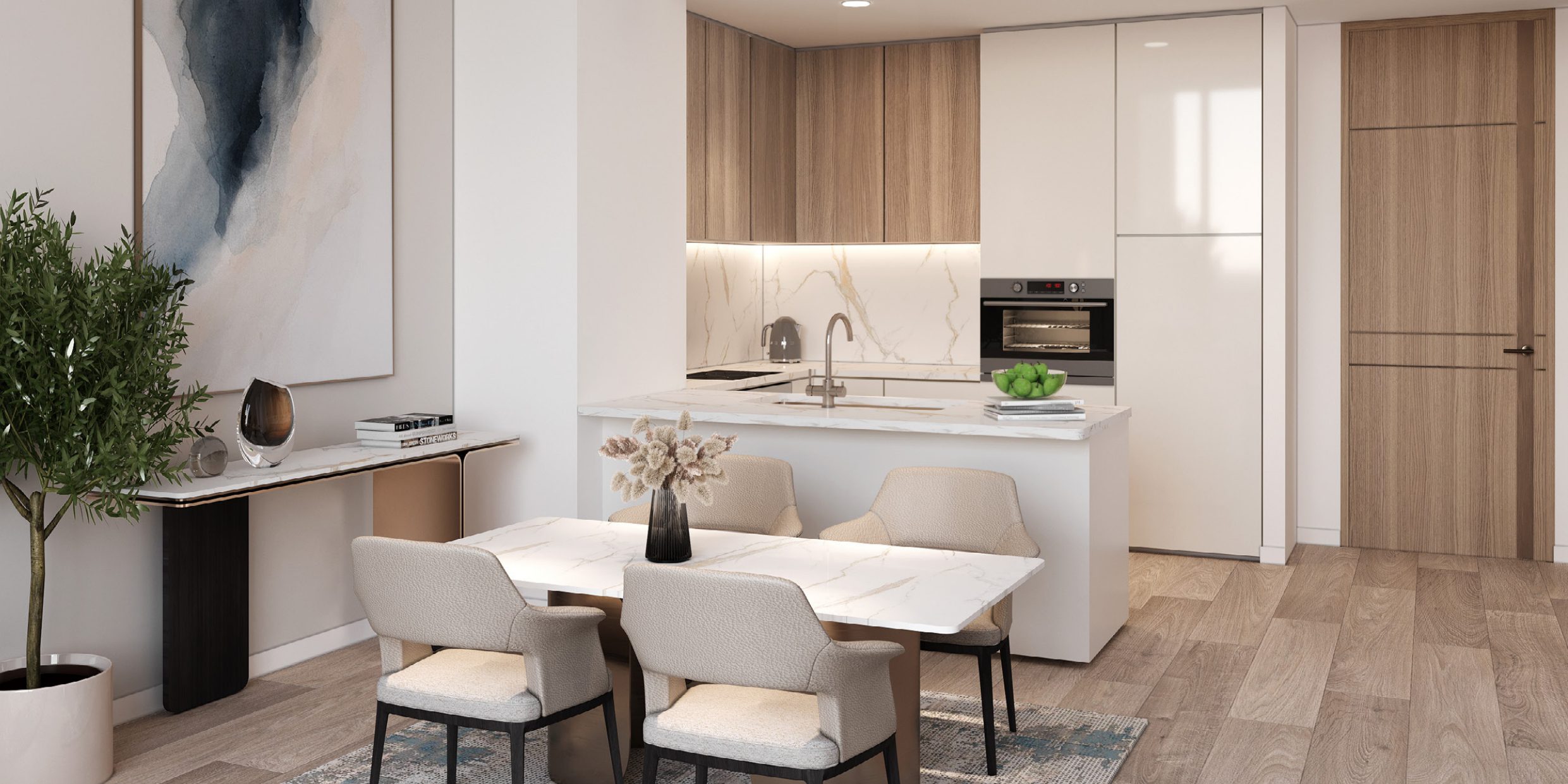 A modern open kitchen and dining area in Roma Residences, equipped with high-quality appliances, sleek marble countertops, and wooden cabinets