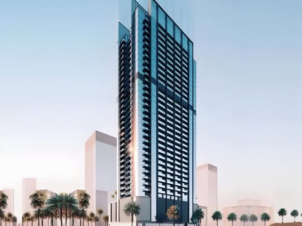 Vue extérieure du bâtiment Jade Tower avec une façade en verre dans un paysage urbain