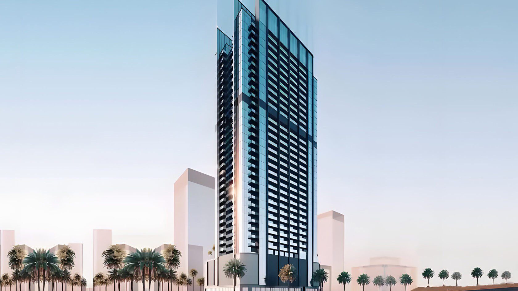 Vue extérieure du bâtiment Jade Tower avec une façade en verre dans un paysage urbain