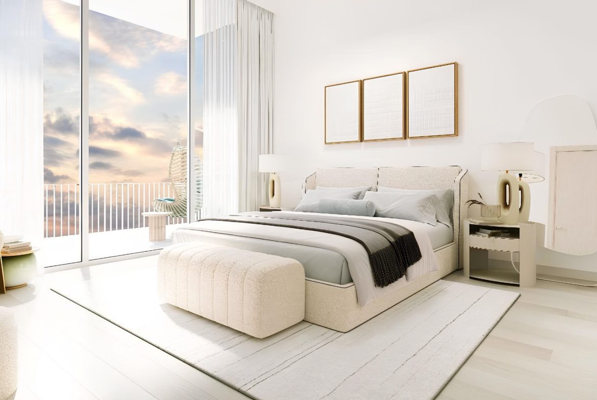 Bedroom interior in Luma Park Views with natural lighting, modern furnishings, and a calming color palette for a peaceful living space.