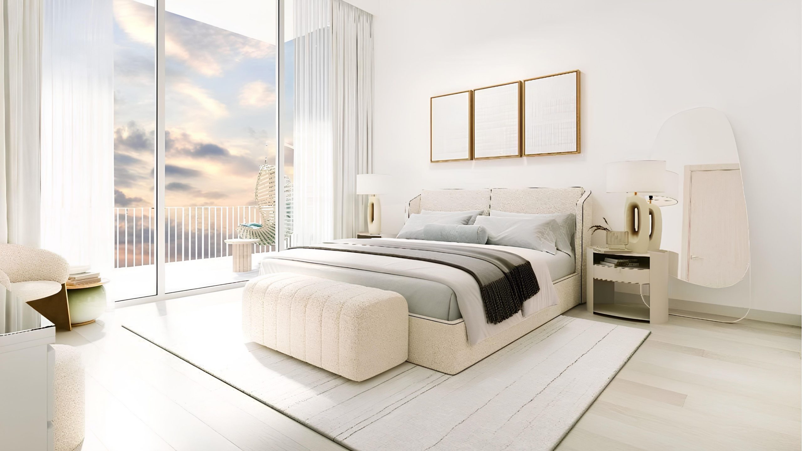 Bedroom interior in Luma Park Views with natural lighting, modern furnishings, and a calming color palette for a peaceful living space.