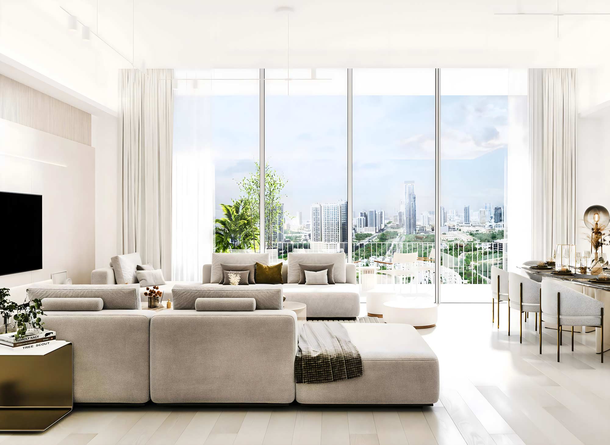 Spacious and elegantly designed living room in Luma Park Views with floor-to-ceiling windows offering panoramic views of the Dubai skyline