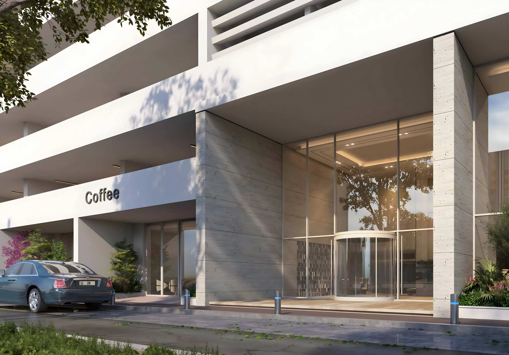 Front entrance of Luma Park Views featuring a sleek modern design and a coffee shop, creating a welcoming atmosphere for residents and visitors.