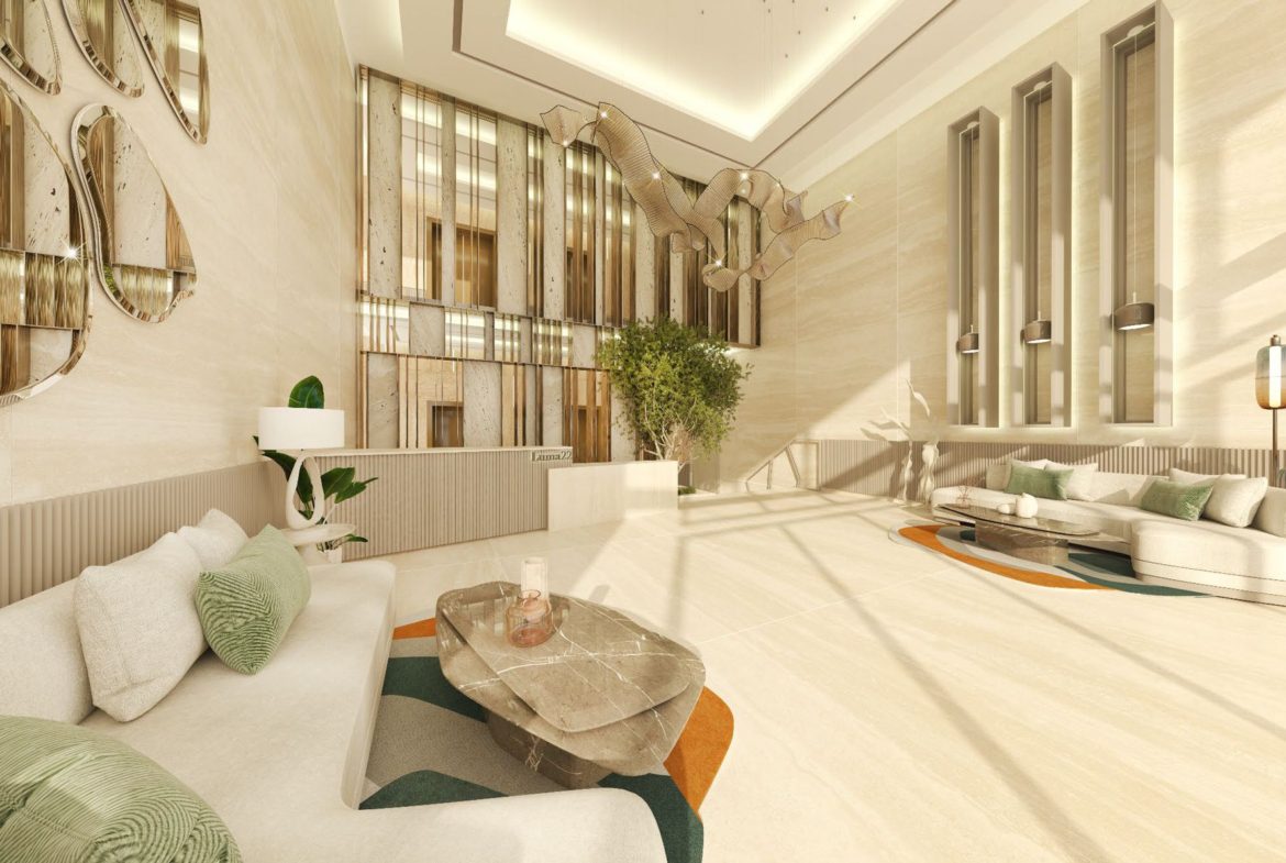 Elegant lobby interior of Luma22 with modern decor, showcasing the luxurious lifestyle offered to residents.