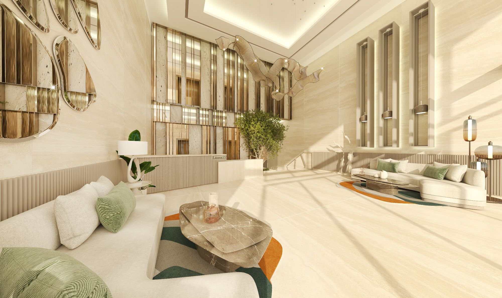 Elegant lobby interior of Luma22 with modern decor, showcasing the luxurious lifestyle offered to residents.