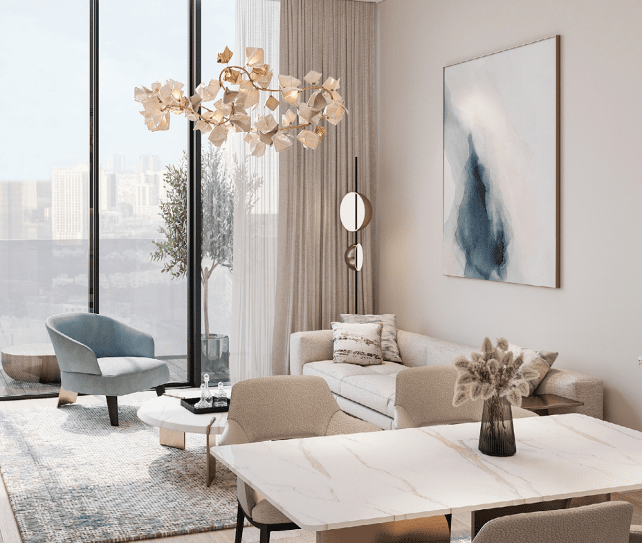 A beautifully designed living room in Roma Residences featuring an artistic chandelier, comfortable seating, and large floor-to-ceiling windows with city views