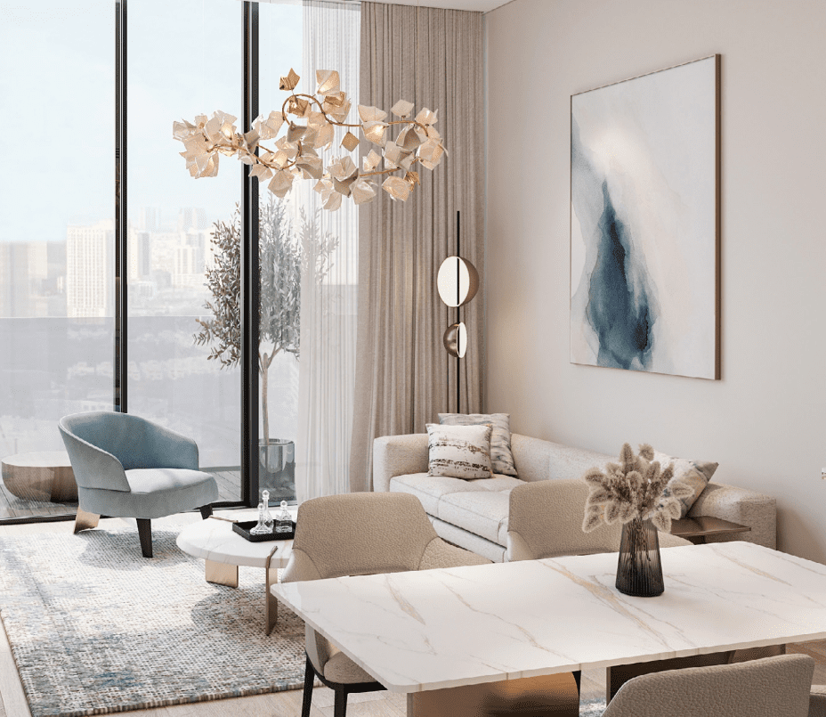 A beautifully designed living room in Roma Residences featuring an artistic chandelier, comfortable seating, and large floor-to-ceiling windows with city views