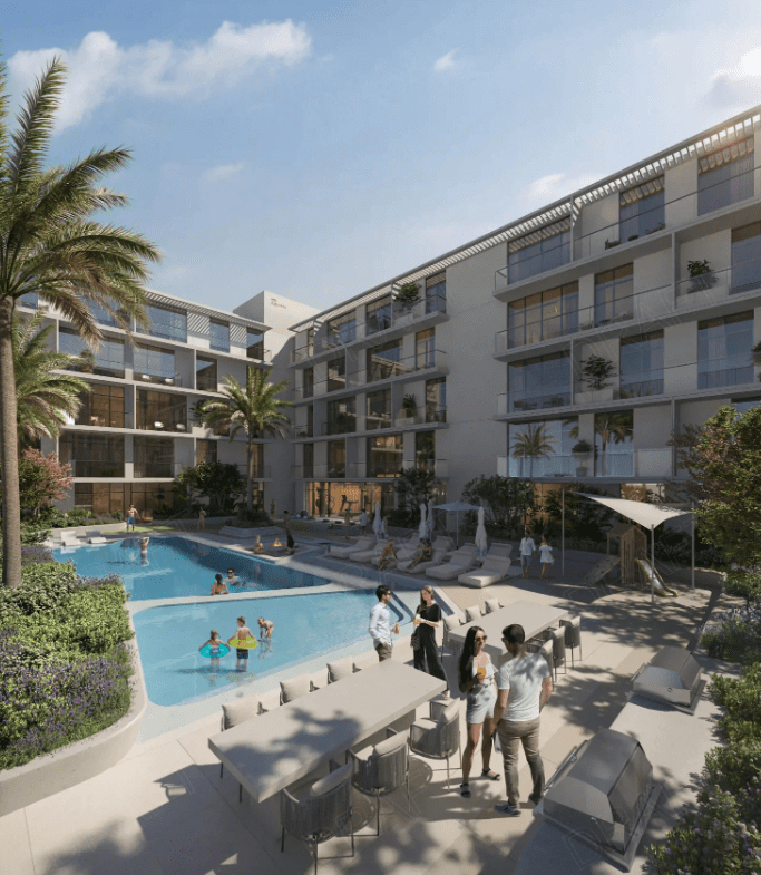 Outdoor swimming pool and social area at Roma Residences, with palm trees, seating arrangements, and residents enjoying the amenities.