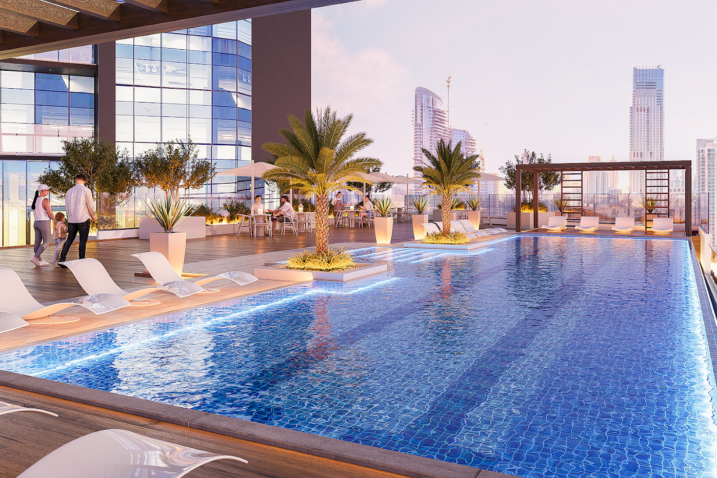 Poolside lounge area with comfortable seating, palm trees, and city views at Jade Tower