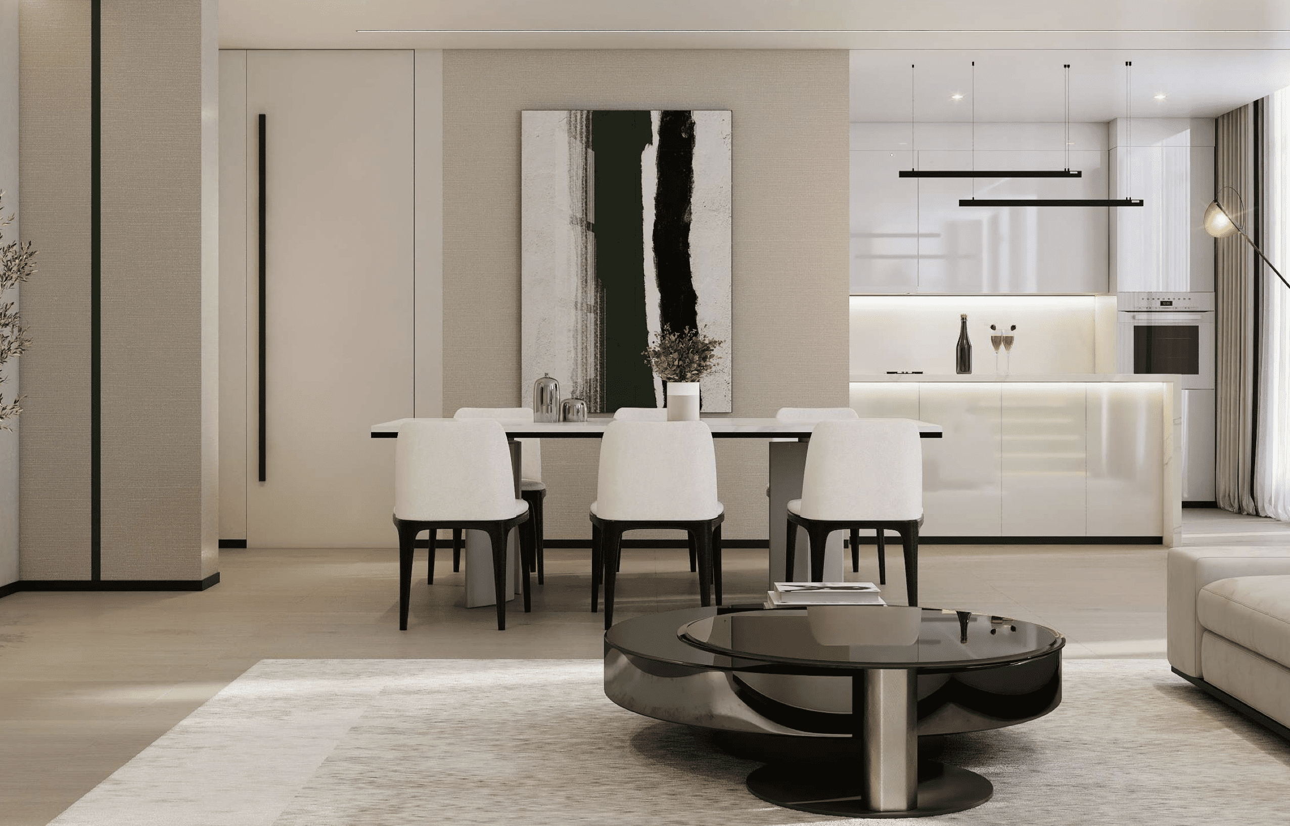 Contemporary dining room with modern furniture and open kitchen design in Cubix Residences, Jumeirah Village Circle, Dubai.