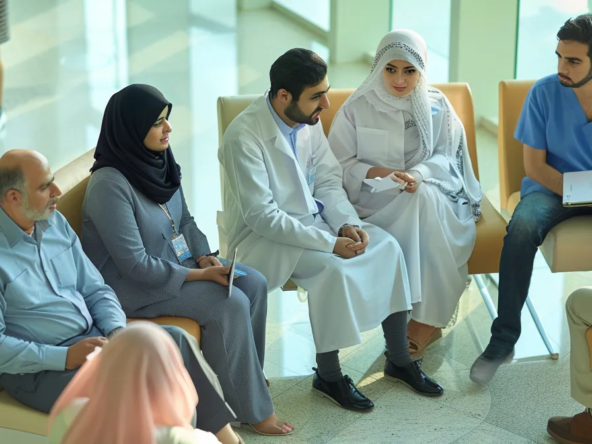 a diverse group of people of different ages and nationalities receiving medical care and consultation in a modern hospital setting in the uae.