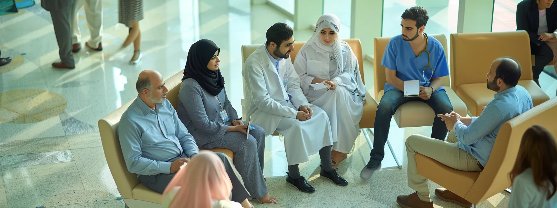 a diverse group of people of different ages and nationalities receiving medical care and consultation in a modern hospital setting in the uae.