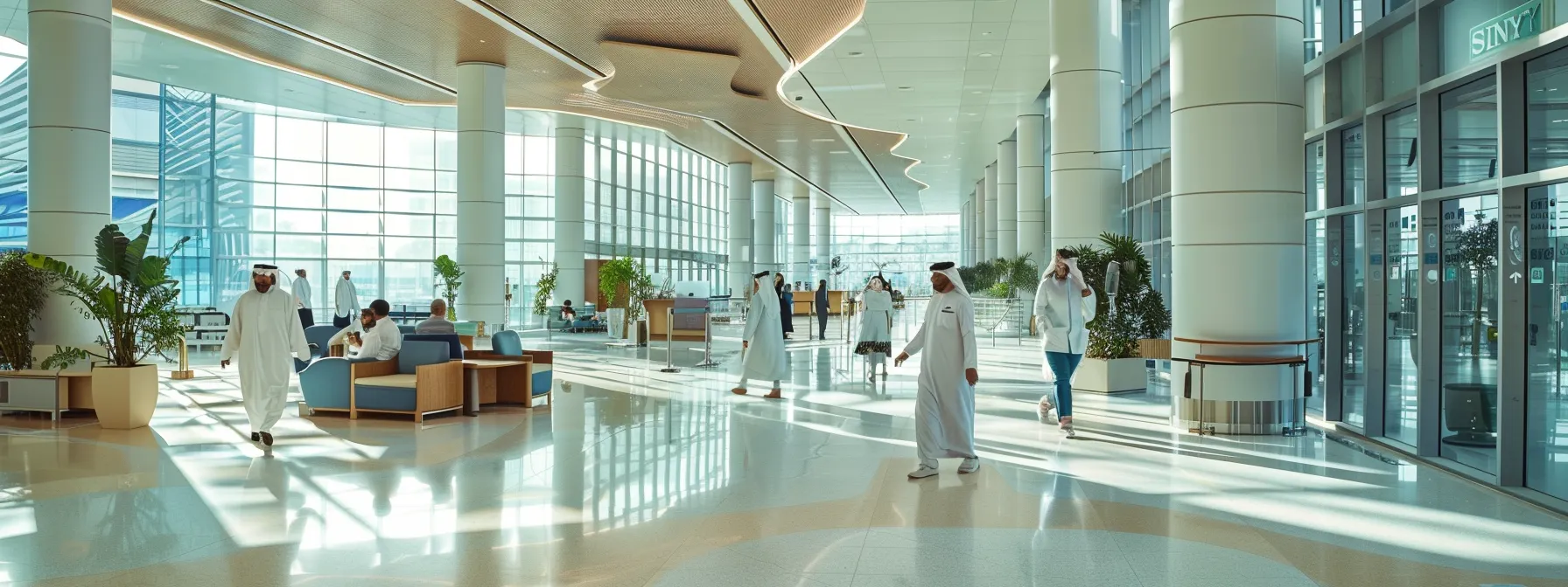 a modern hospital lobby with sleek design, advanced medical equipment, and diverse staff reflecting the cutting-edge healthcare landscape in dubai.