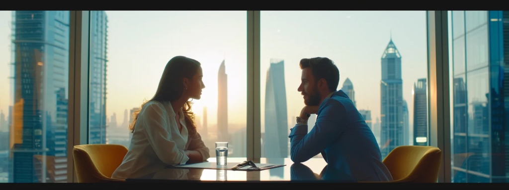 a landlord and tenant peacefully discussing terms in a modern dubai office with a contract and keys on the table.