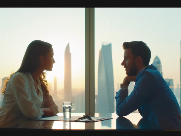 a landlord and tenant peacefully discussing terms in a modern dubai office with a contract and keys on the table.