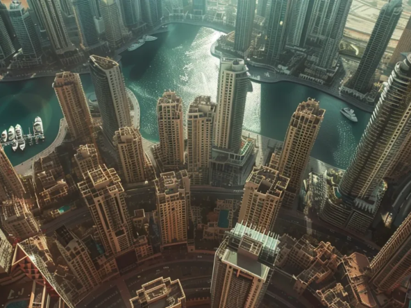 aerial view of dubai marina: bustling cityscape with towering skyscrapers and pristine waterfront, showcasing the urban lifestyle in the uae.