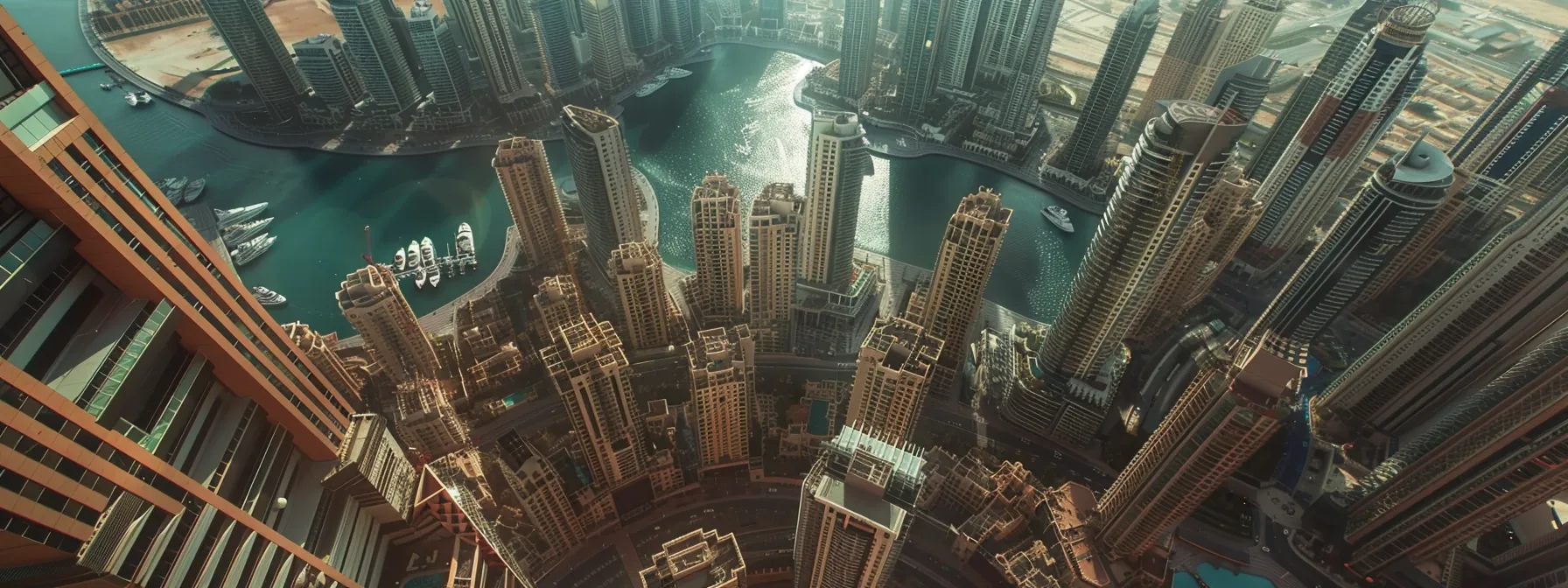 aerial view of dubai marina: bustling cityscape with towering skyscrapers and pristine waterfront, showcasing the urban lifestyle in the uae.