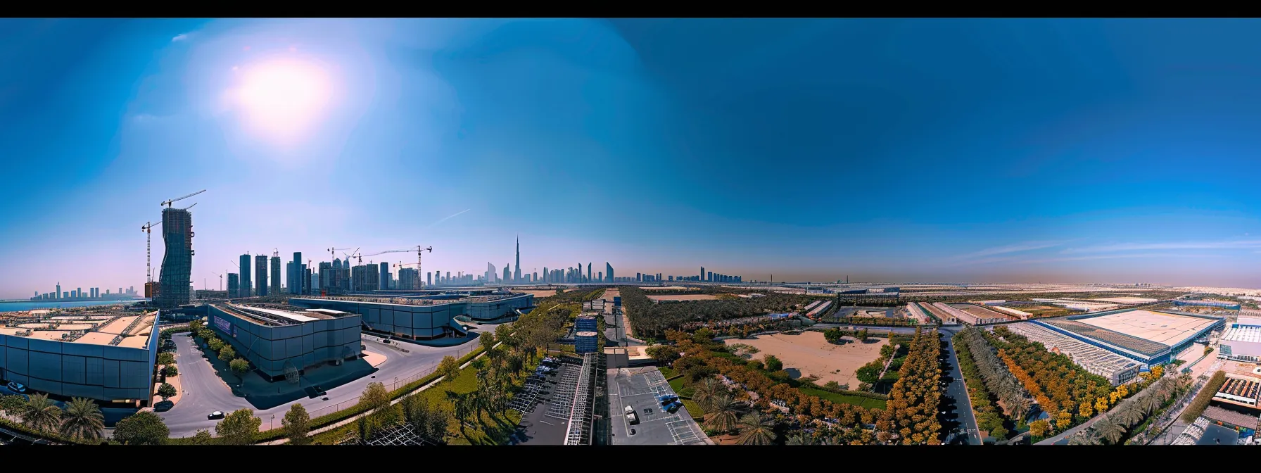 a panoramic view of a bustling dubai silicon oasis, showcasing the futuristic skyline with gleaming logistics centers and high-tech industries.