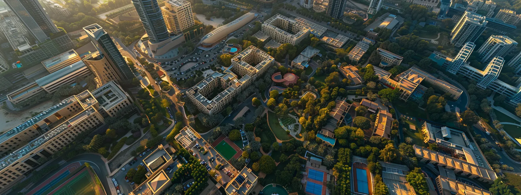 an aerial view of modern schools and state-of-the-art hospitals in the vibrant cityscape of the emirates.