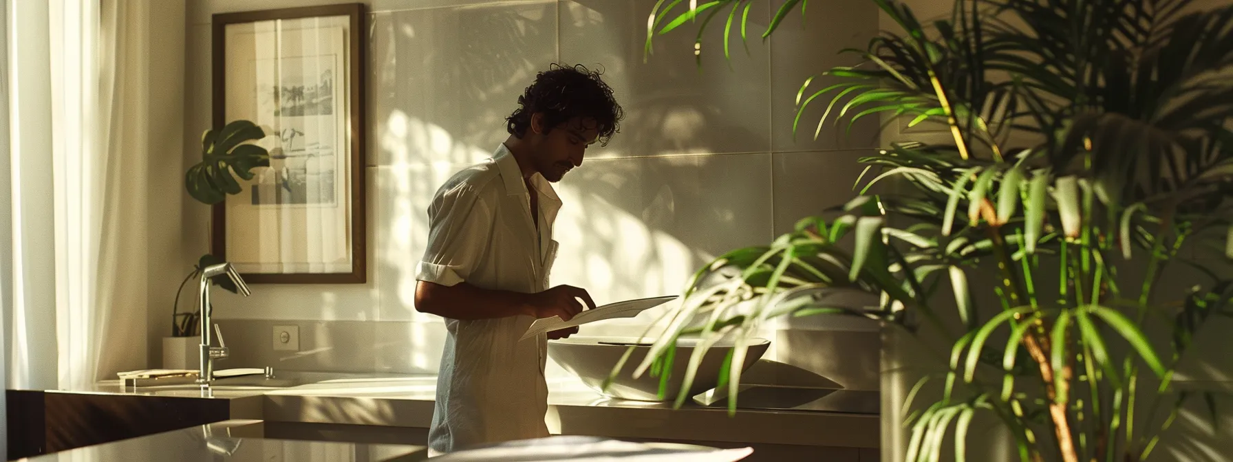 a tenant in dubai carefully inspecting and maintaining a clean and orderly apartment, preparing rent receipts for timely payment.