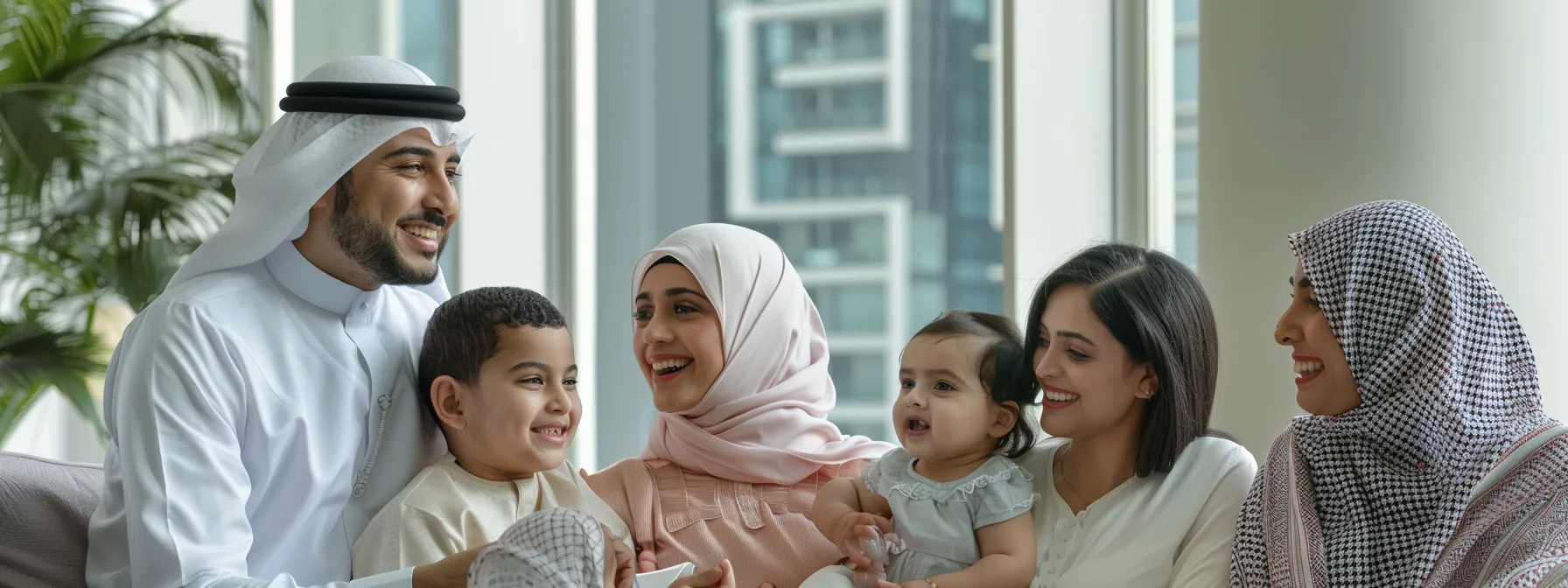 a diverse group of families smiling and discussing health insurance options in a modern office in dubai.