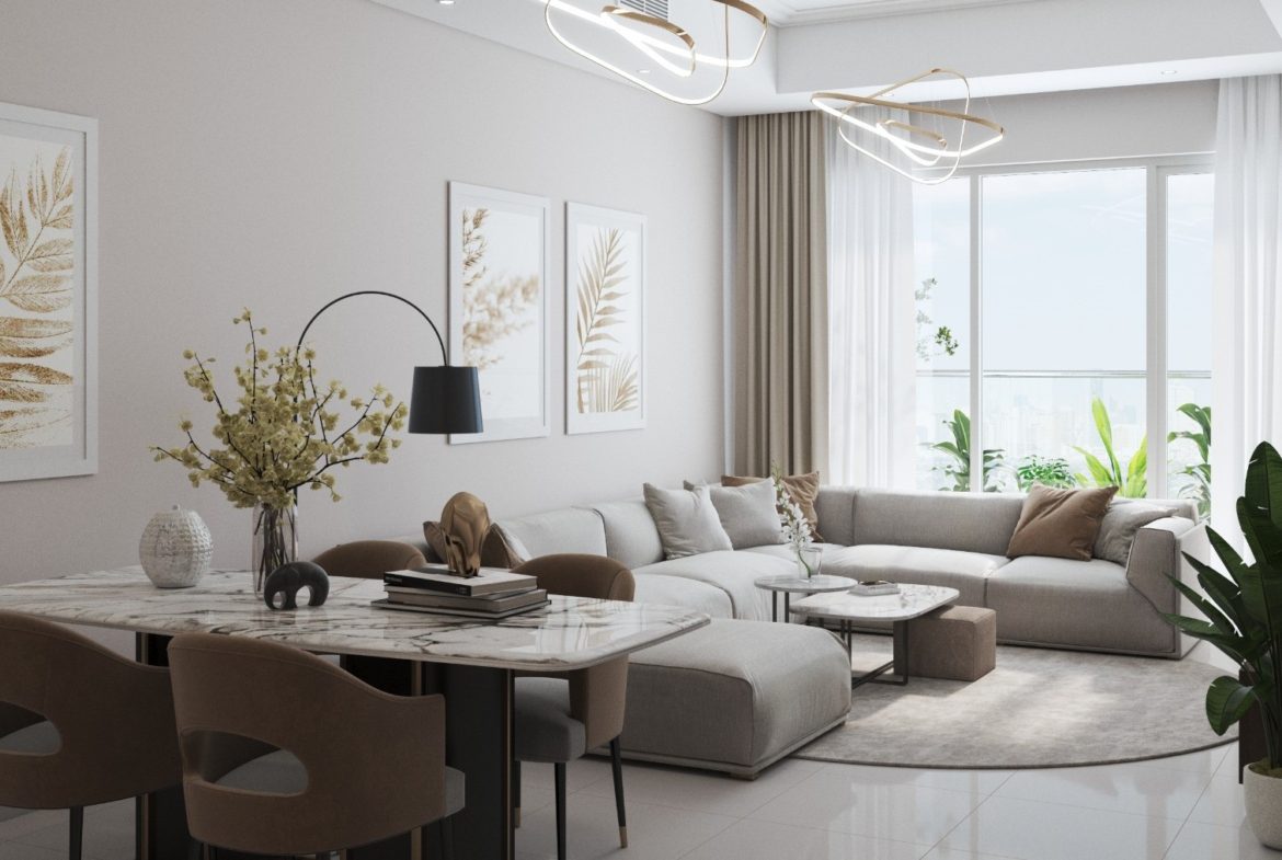 Elegant living room in Ajman One Phase 2 showcasing spacious design and modern decor