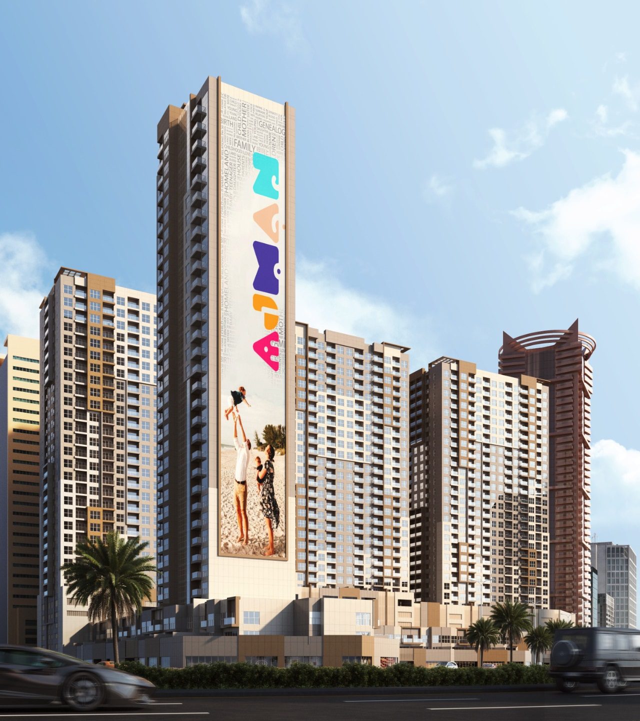 Außenansicht von Ajman One Phase 2, einer luxuriösen Wohnanlage in Ajman mit modernem Architekturdesign