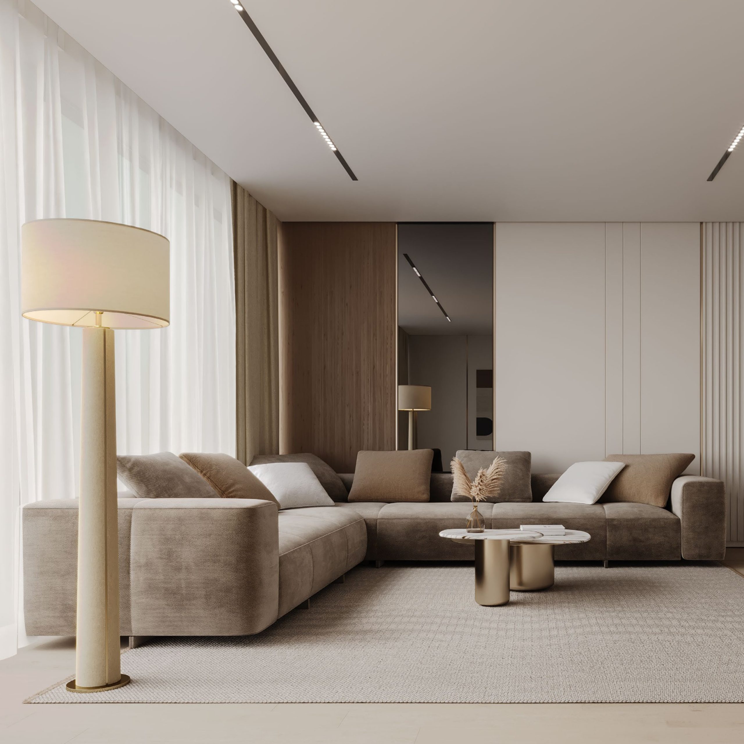 Elegant living room interior of an apartment in Aurora by Binghatti.