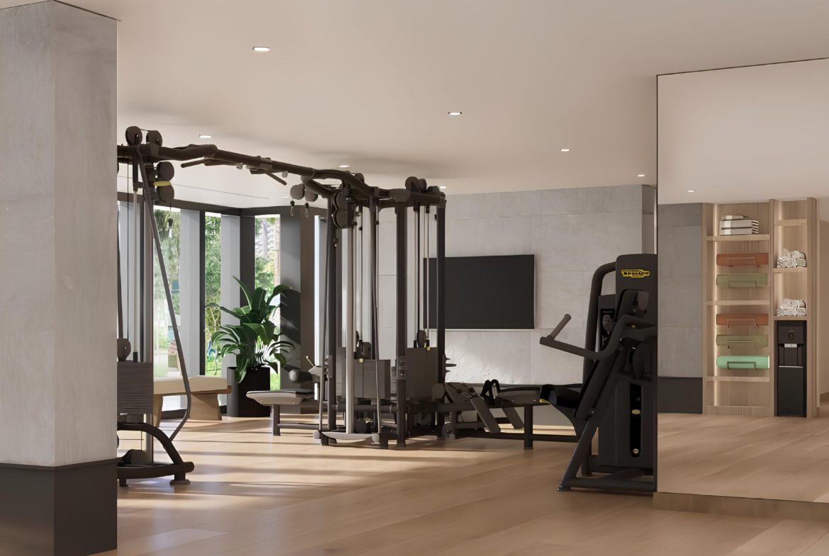 Fitness center at Cello by Taraf equipped with modern gym equipment and ample space.