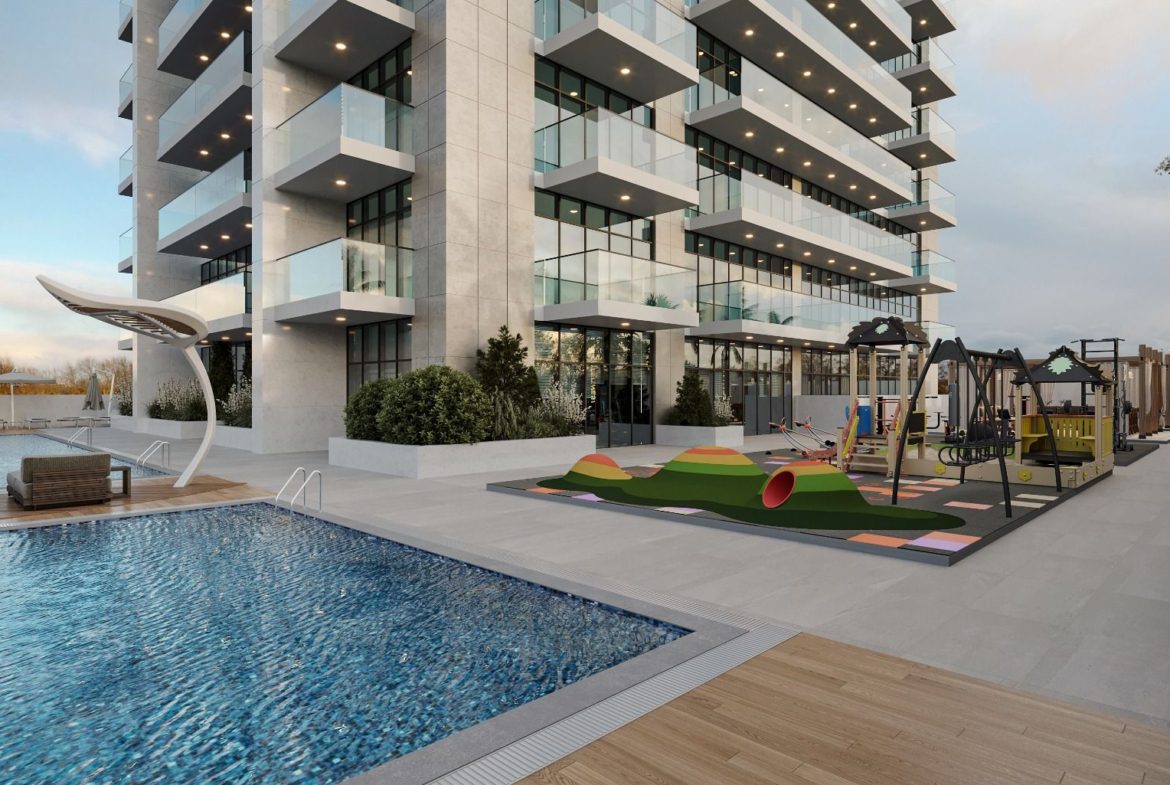 Safe and fun children’s play area with playground equipment in Violet Tower.