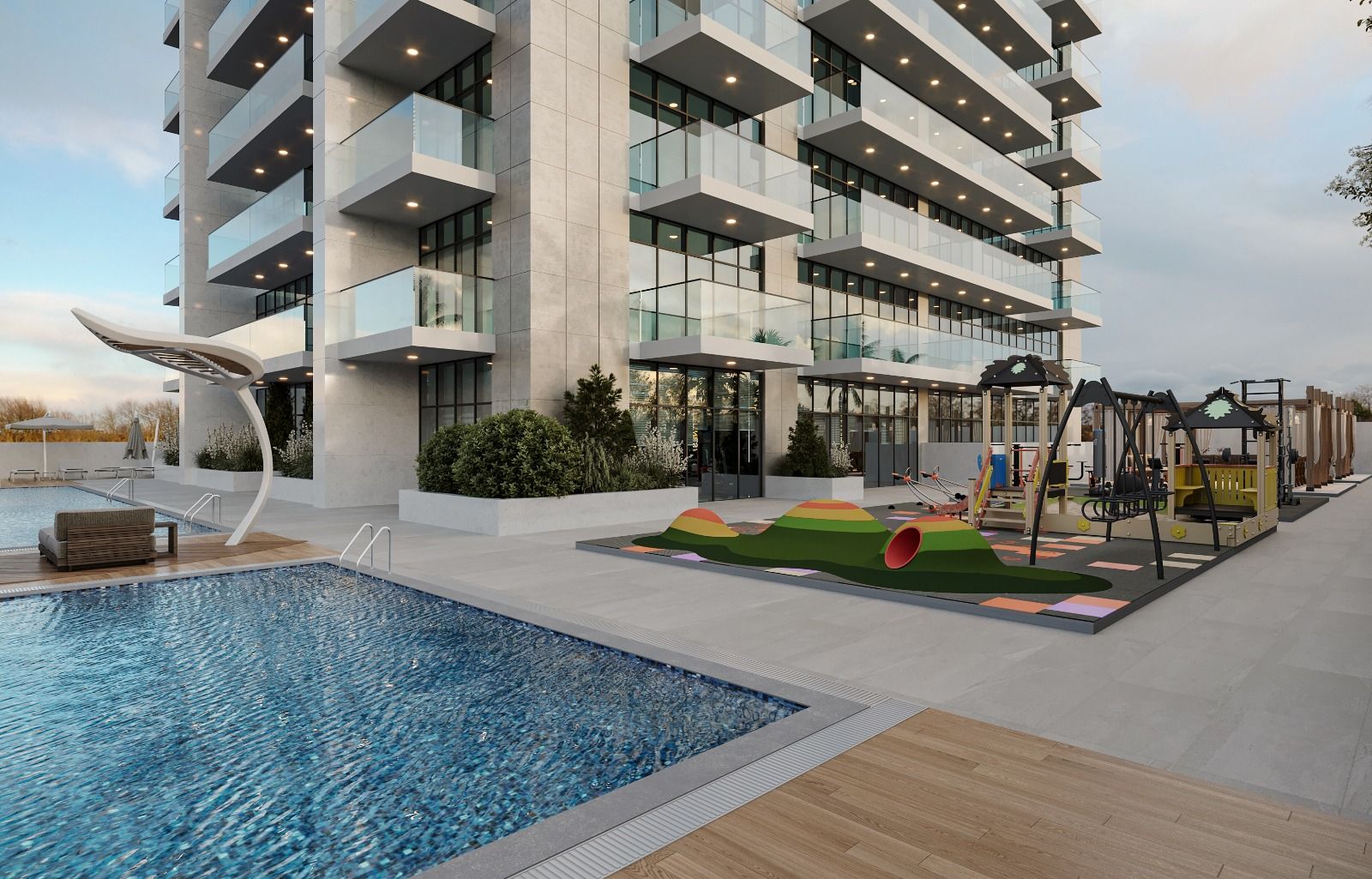 Safe and fun children’s play area with playground equipment in Violet Tower.