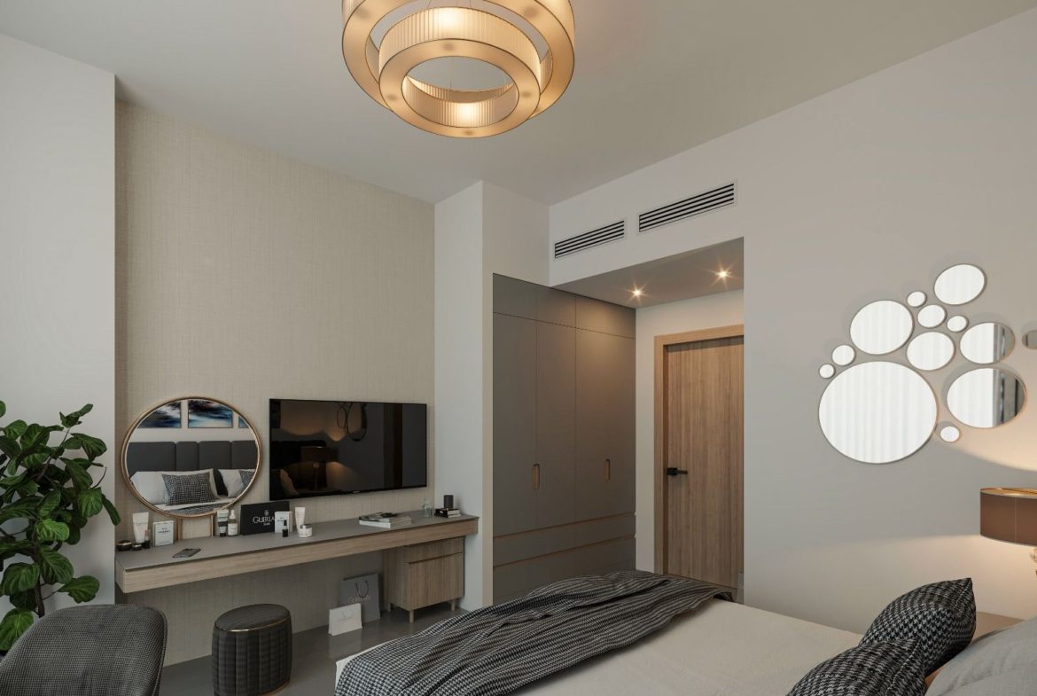 Inviting bedroom design showcasing contemporary furnishings and warm lighting in Violet Tower.