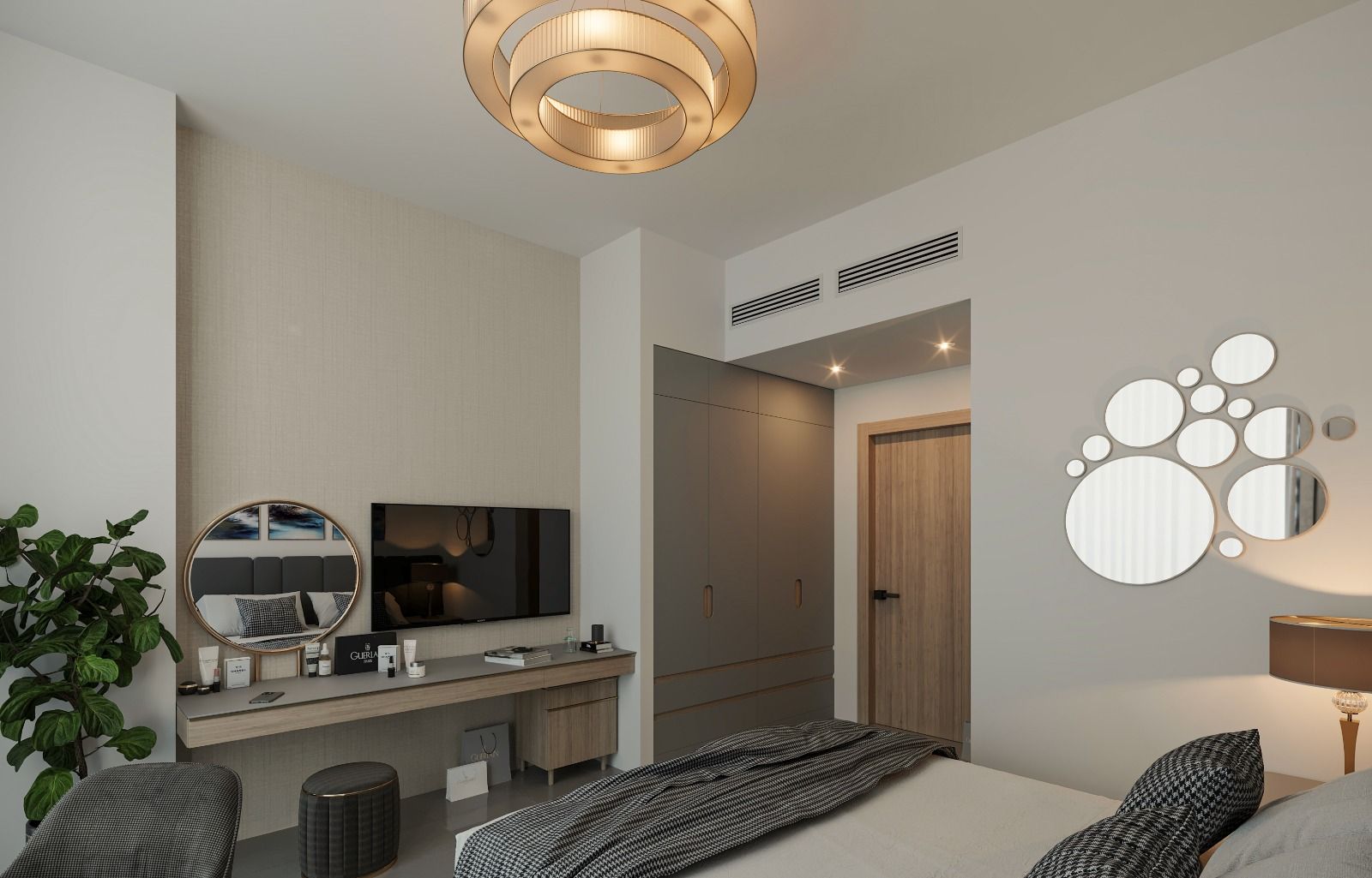 Inviting bedroom design showcasing contemporary furnishings and warm lighting in Violet Tower.