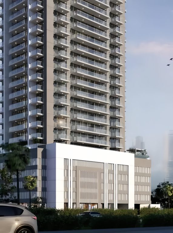 Bright daytime view showcasing the exterior design and landscape of Violet Tower.