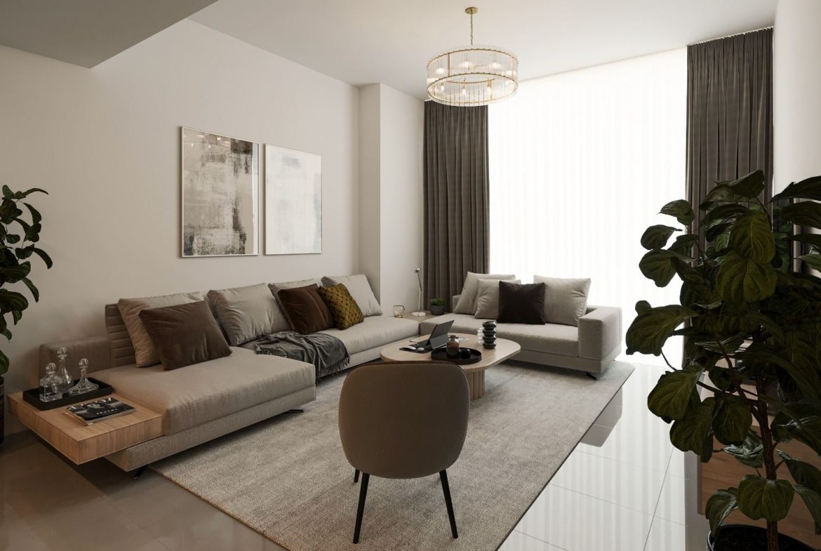 Spacious and stylish living room interior featuring modern decor in Violet Tower.