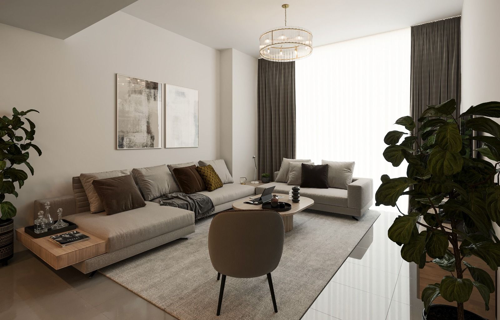 Spacious and stylish living room interior featuring modern decor in Violet Tower.