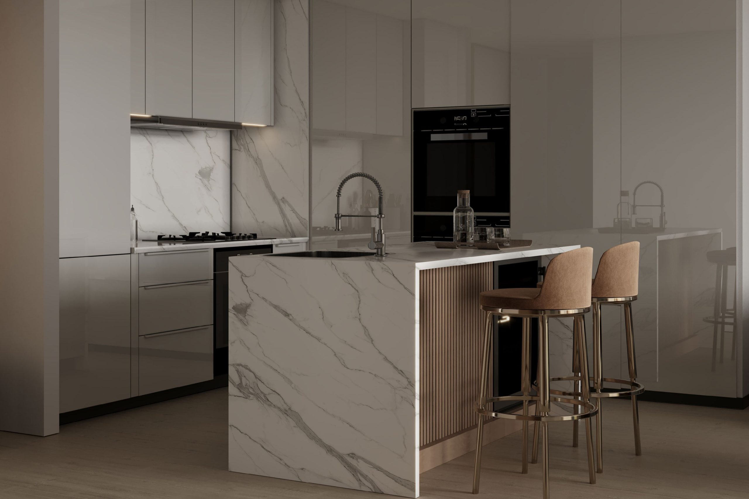 Modern kitchen design featuring high-end finishes in an Aurora apartment.