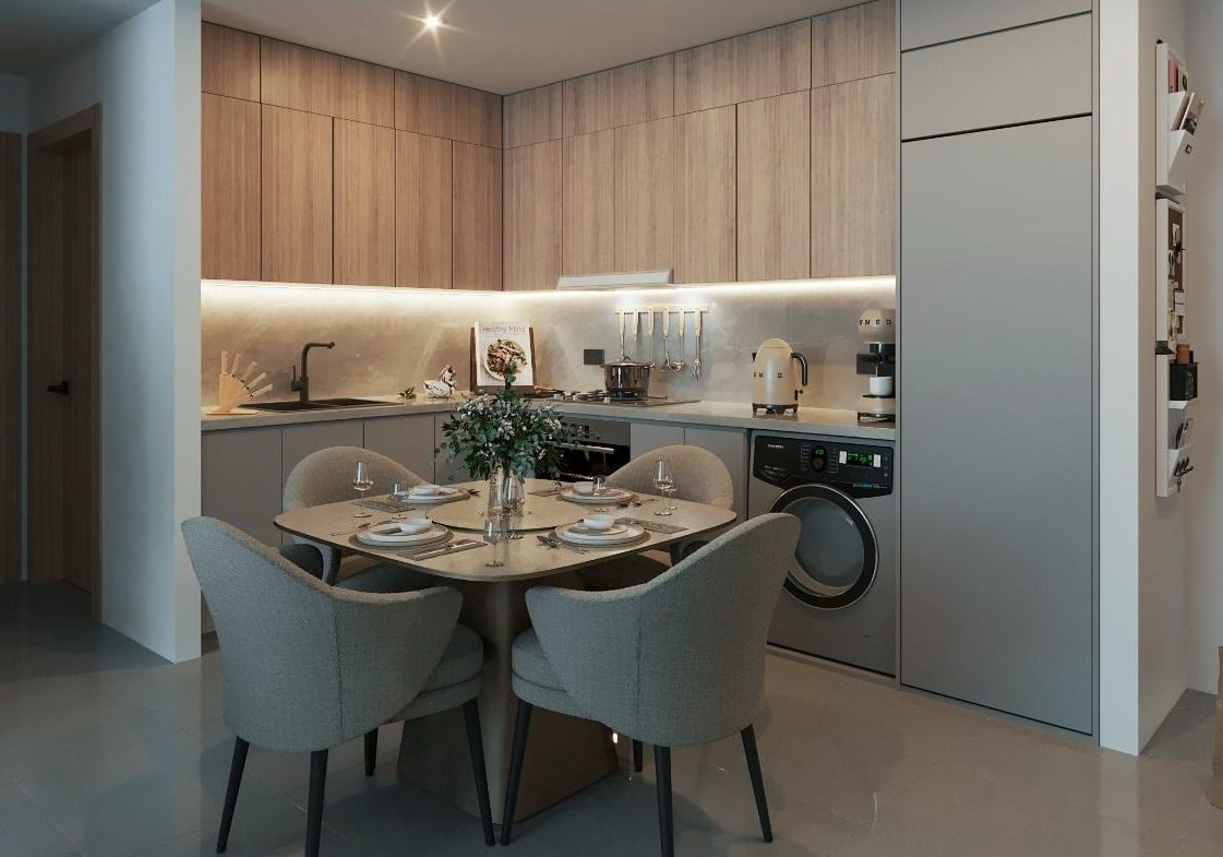 Modern kitchen layout with high-end appliances and stylish finishes in Violet Tower.