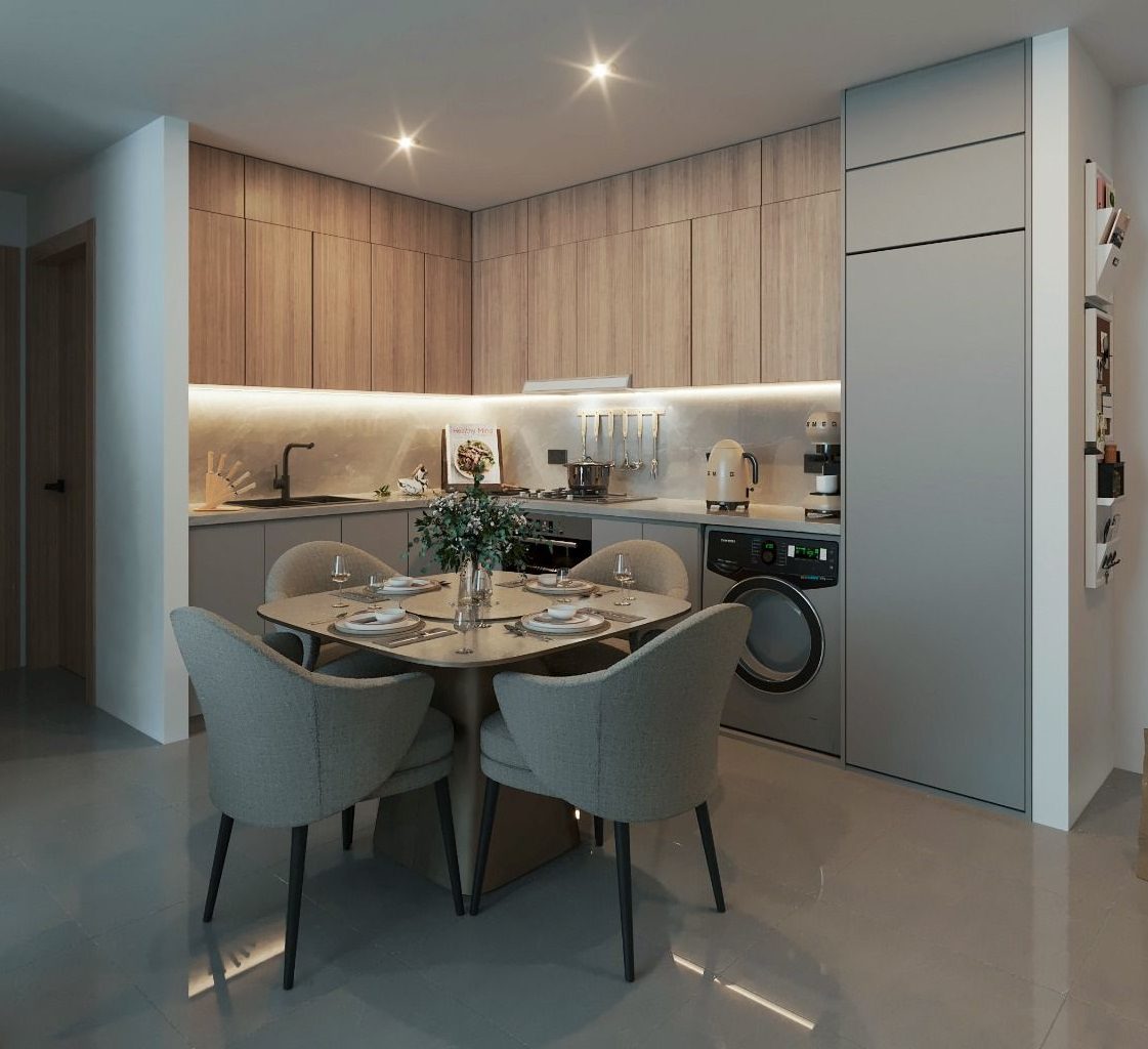 Modern kitchen layout with high-end appliances and stylish finishes in Violet Tower.