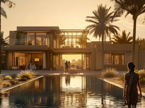 a joyful family standing in front of a luxurious villa with a shimmering swimming pool in the background, palm trees swaying gently in the warm desert breeze.