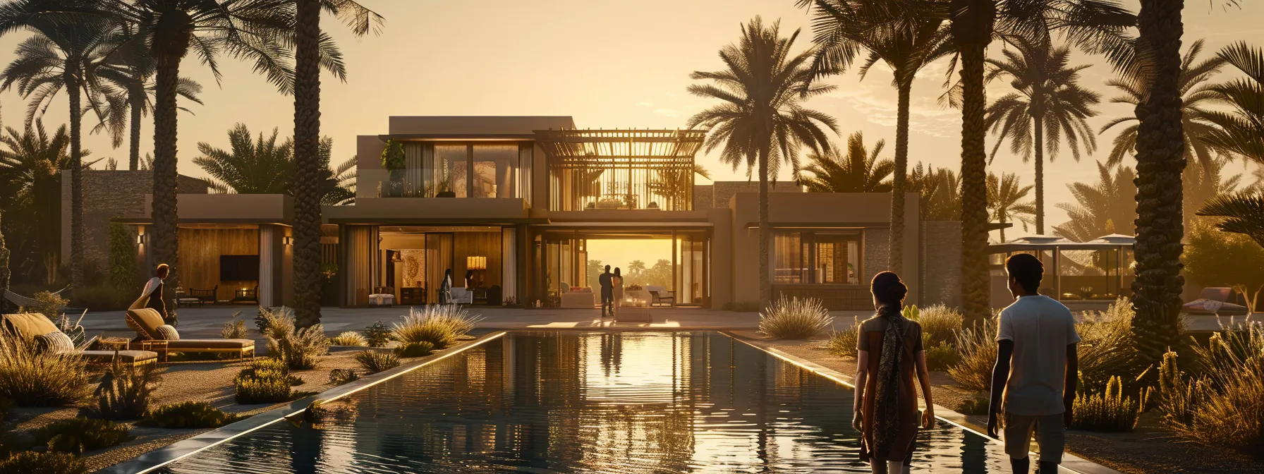 a joyful family standing in front of a luxurious villa with a shimmering swimming pool in the background, palm trees swaying gently in the warm desert breeze.