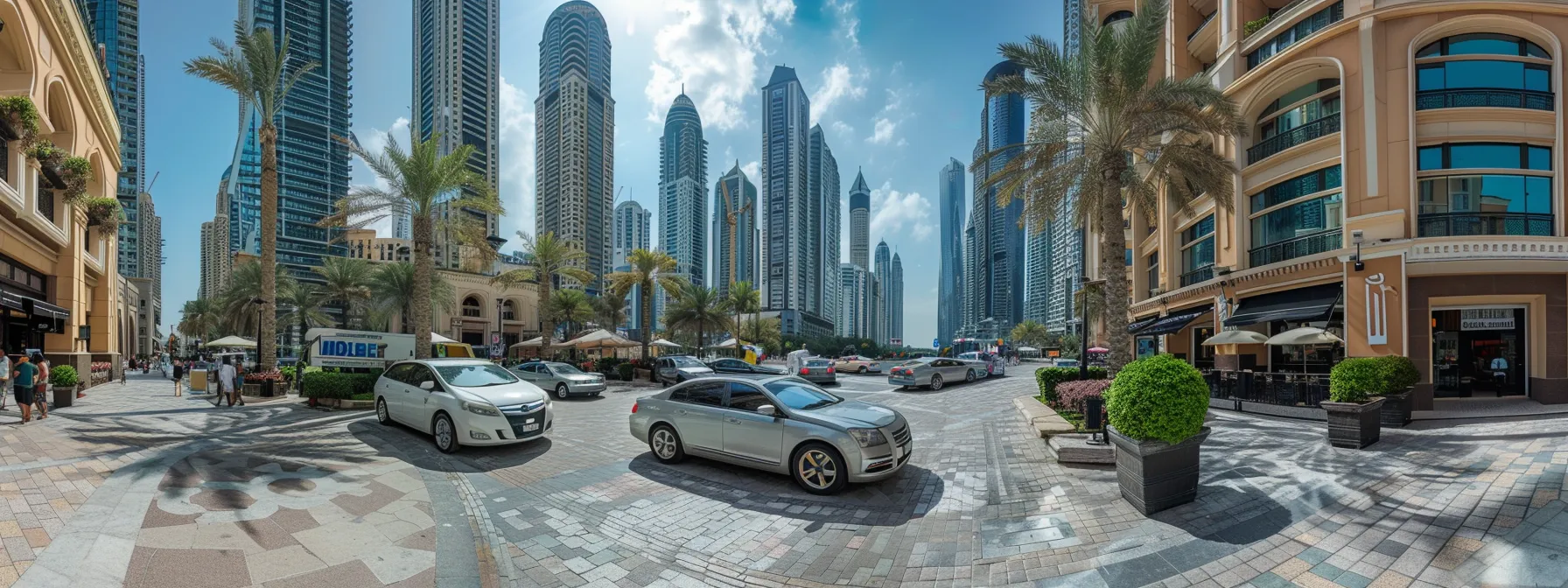 a panoramic view of bustling city streets lined with high-rise buildings and luxury cars, showcasing the diverse cost of living across the seven emirates of the uae.